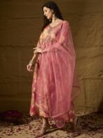 Vivacious Pink Abstract Print & Embroidered TP Silk Anarkali Gown with Net Dupatta