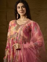 Vivacious Pink Abstract Print & Embroidered TP Silk Anarkali Gown with Net Dupatta