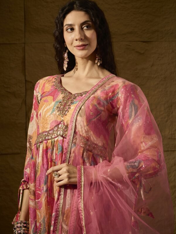 Vivacious Pink Abstract Print & Embroidered TP Silk Anarkali Gown with Net Dupatta