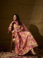 Vivacious Pink Abstract Print & Embroidered TP Silk Anarkali Gown with Net Dupatta