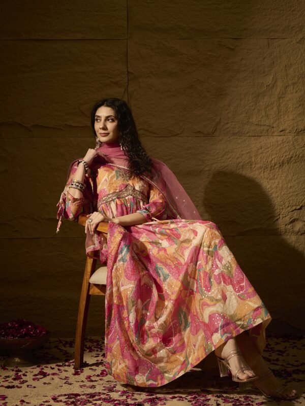 Vivacious Pink Abstract Print & Embroidered TP Silk Anarkali Gown with Net Dupatta