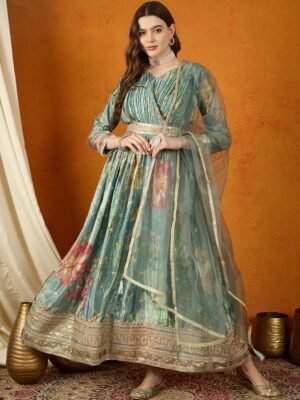 Ethereal Green Floral Printed & Embroidered Chinon Anarkali Gown with Net Dupatta