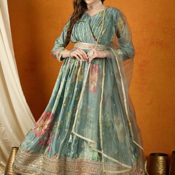 Ethereal Green Floral Printed & Embroidered Chinon Anarkali Gown with Net Dupatta