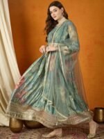 Ethereal Green Floral Printed & Embroidered Chinon Anarkali Gown with Net Dupatta