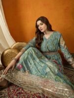 Ethereal Green Floral Printed & Embroidered Chinon Anarkali Gown with Net Dupatta