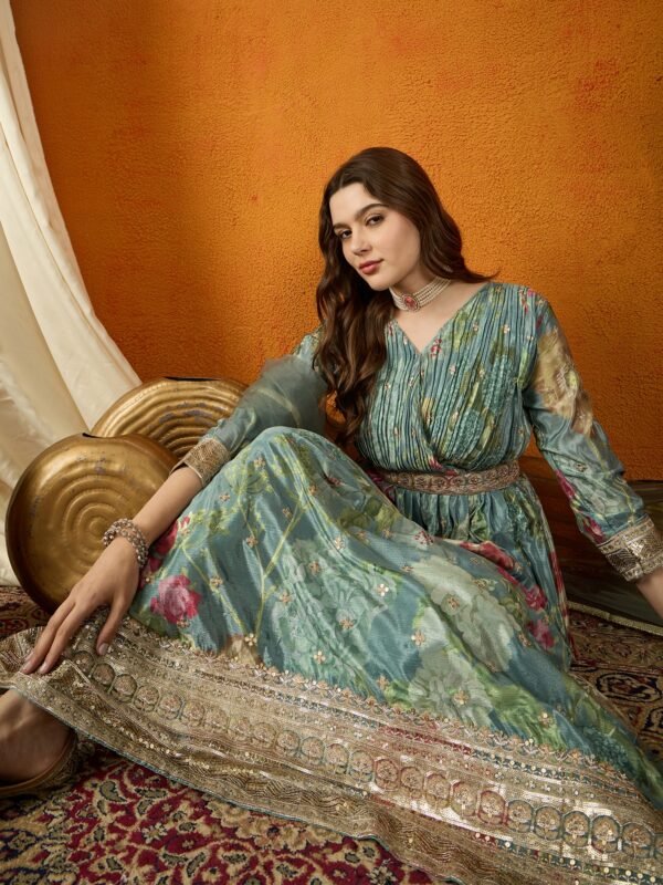 Ethereal Green Floral Printed & Embroidered Chinon Anarkali Gown with Net Dupatta