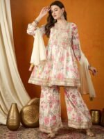 Charming Cream Floral Printed & Embroidered Chinon Kurta Sharara Set with Dupatta