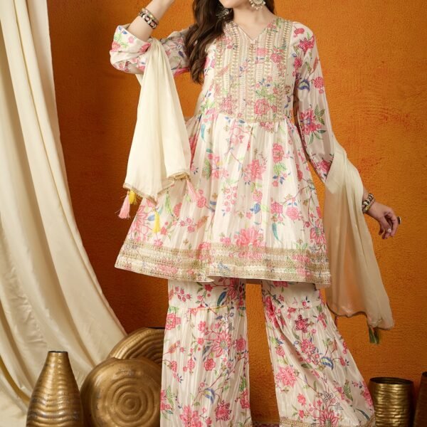 Charming Cream Floral Printed & Embroidered Chinon Kurta Sharara Set with Dupatta