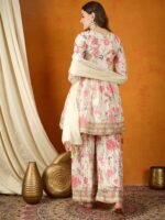 Charming Cream Floral Printed & Embroidered Chinon Kurta Sharara Set with Dupatta