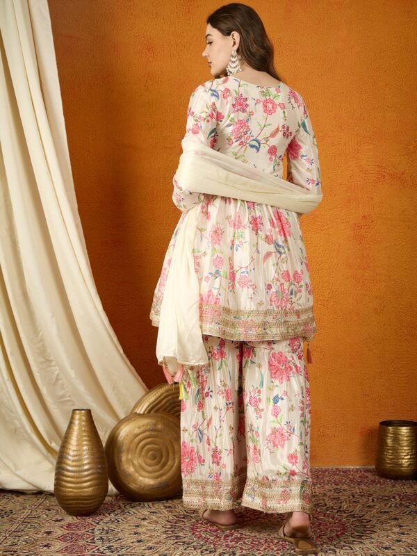 Charming Cream Floral Printed & Embroidered Chinon Kurta Sharara Set with Dupatta