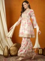 Charming Cream Floral Printed & Embroidered Chinon Kurta Sharara Set with Dupatta