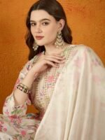 Charming Cream Floral Printed & Embroidered Chinon Kurta Sharara Set with Dupatta