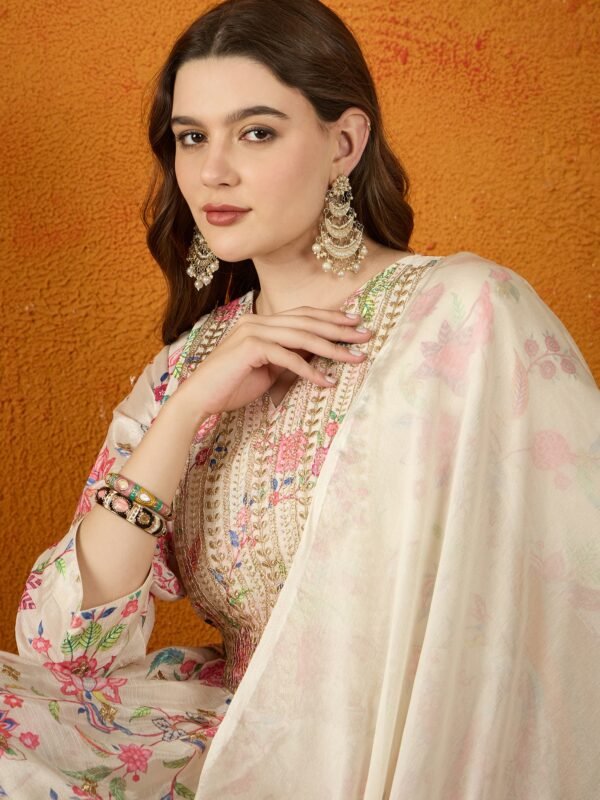Charming Cream Floral Printed & Embroidered Chinon Kurta Sharara Set with Dupatta