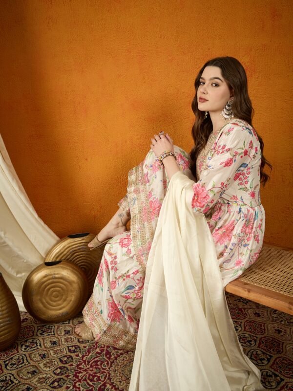 Charming Cream Floral Printed & Embroidered Chinon Kurta Sharara Set with Dupatta