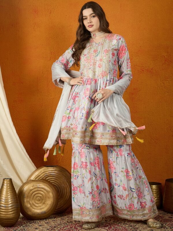 Charming Cream Floral Printed & Embroidered Chinon Kurta Sharara Set with Dupatta