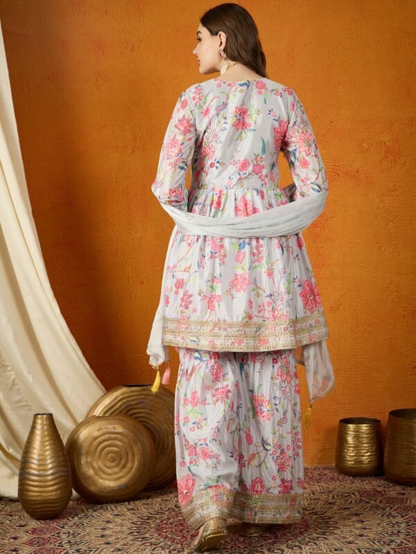 Charming Cream Floral Printed & Embroidered Chinon Kurta Sharara Set with Dupatta