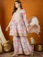 Charming Cream Floral Printed & Embroidered Chinon Kurta Sharara Set with Dupatta
