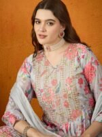 Charming Cream Floral Printed & Embroidered Chinon Kurta Sharara Set with Dupatta