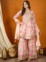 Charming Cream Floral Printed & Embroidered Chinon Kurta Sharara Set with Dupatta
