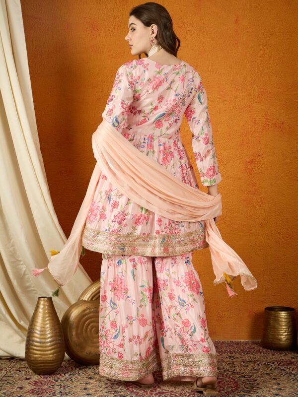 Charming Cream Floral Printed & Embroidered Chinon Kurta Sharara Set with Dupatta
