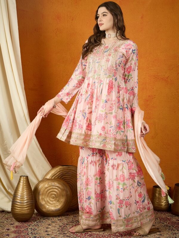 Charming Cream Floral Printed & Embroidered Chinon Kurta Sharara Set with Dupatta
