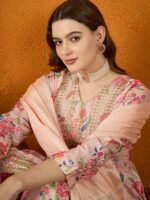 Charming Cream Floral Printed & Embroidered Chinon Kurta Sharara Set with Dupatta