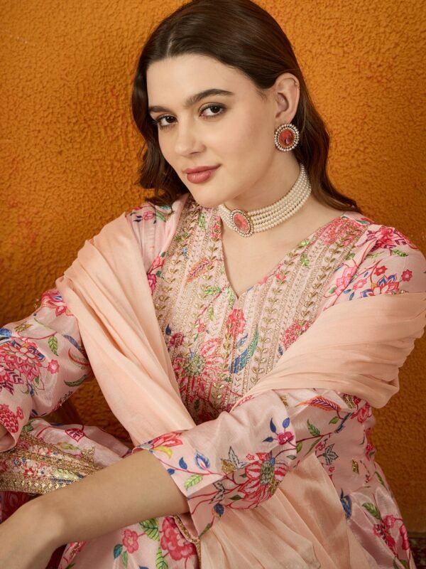 Charming Cream Floral Printed & Embroidered Chinon Kurta Sharara Set with Dupatta