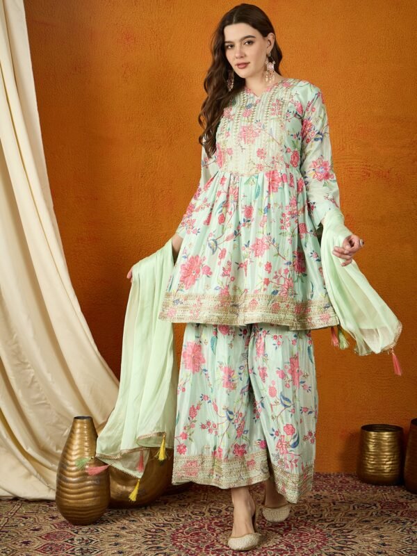 Charming Cream Floral Printed & Embroidered Chinon Kurta Sharara Set with Dupatta