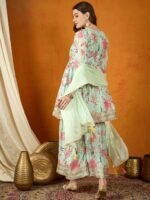 Charming Cream Floral Printed & Embroidered Chinon Kurta Sharara Set with Dupatta