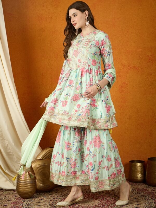 Charming Cream Floral Printed & Embroidered Chinon Kurta Sharara Set with Dupatta