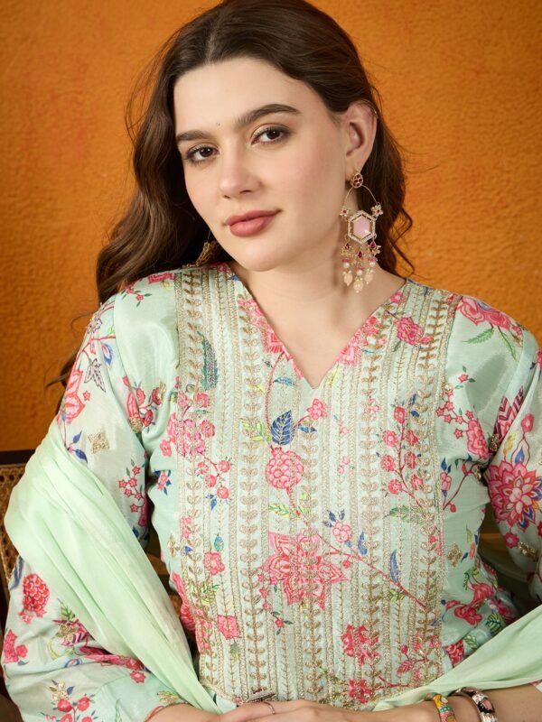 Charming Cream Floral Printed & Embroidered Chinon Kurta Sharara Set with Dupatta
