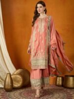 Peach Chinon Embroidered Straight Kurta Palazzo Set with Dupatta