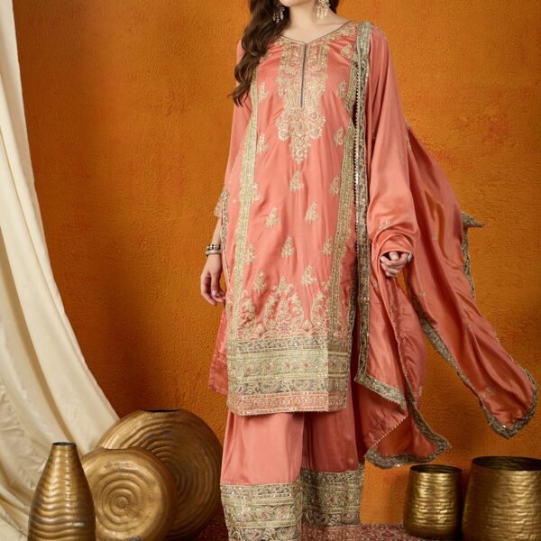 Peach Chinon Embroidered Straight Kurta Palazzo Set with Dupatta