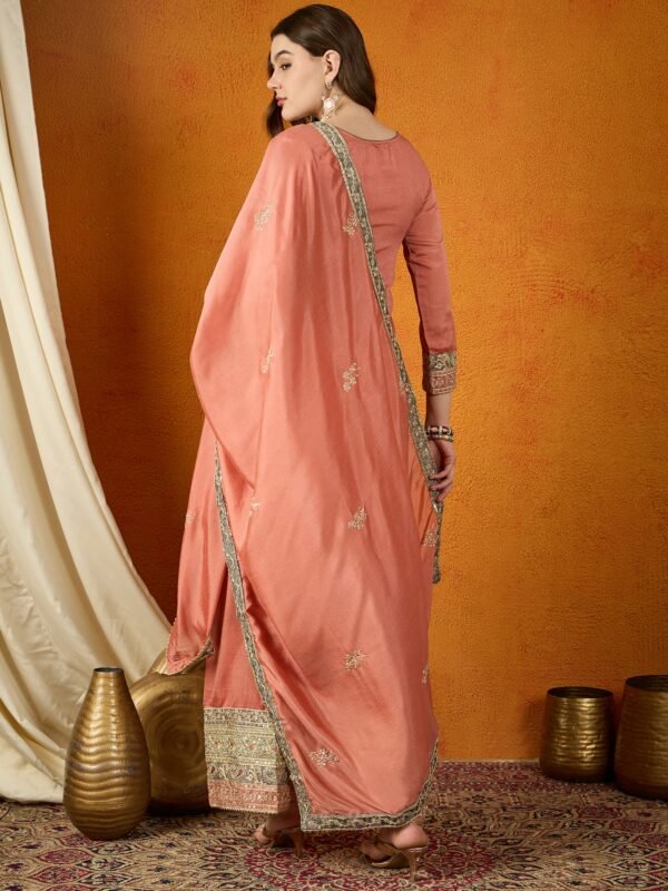 Peach Chinon Embroidered Straight Kurta Palazzo Set with Dupatta