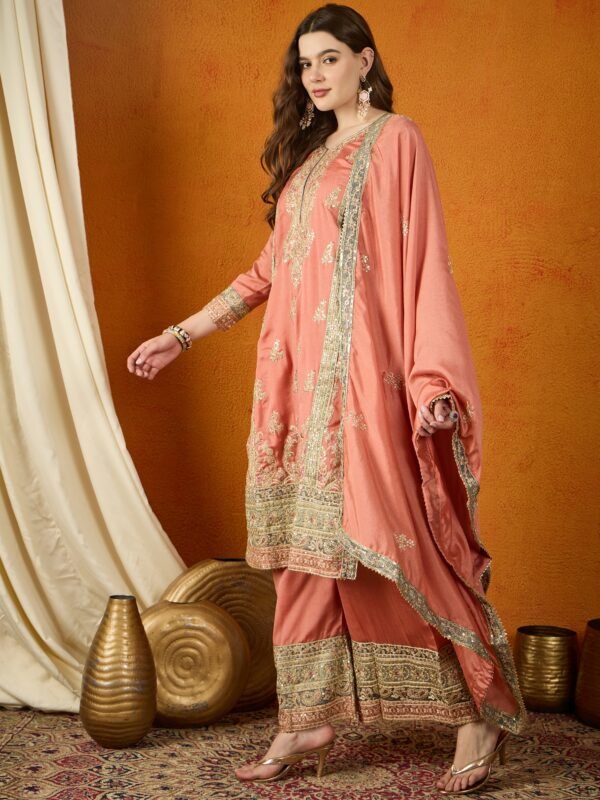 Peach Chinon Embroidered Straight Kurta Palazzo Set with Dupatta