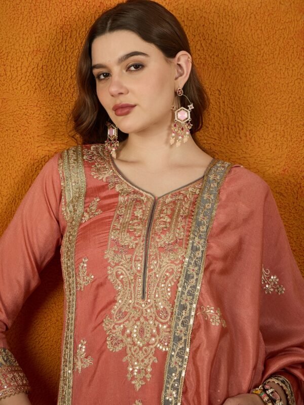 Peach Chinon Embroidered Straight Kurta Palazzo Set with Dupatta