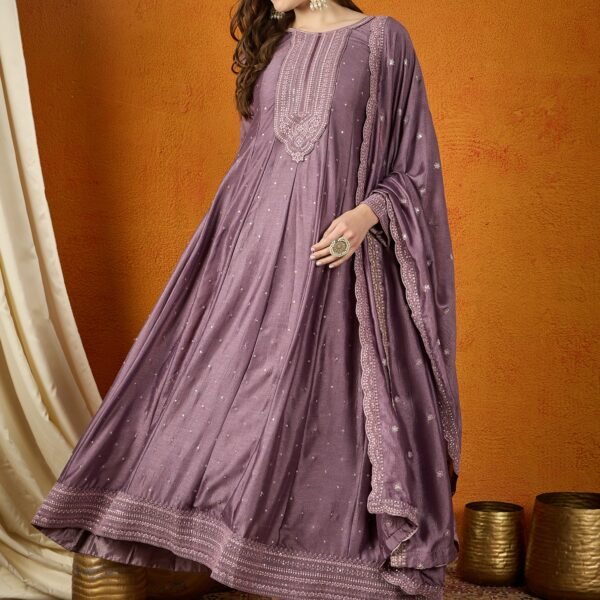 Enchanting Purple Embroidered Chinon Anarkali Gown with Dupatta