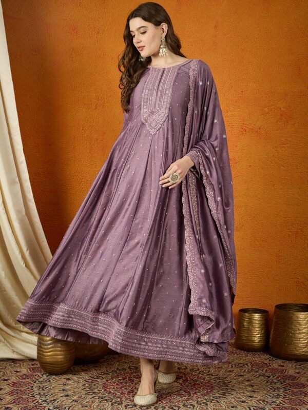 Enchanting Purple Embroidered Chinon Anarkali Gown with Dupatta