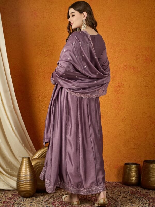 Enchanting Purple Embroidered Chinon Anarkali Gown with Dupatta