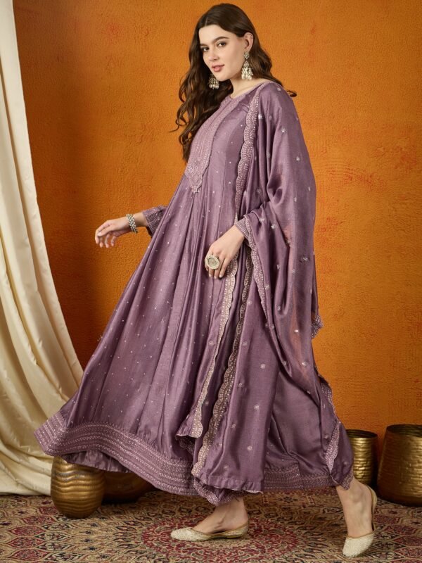 Enchanting Purple Embroidered Chinon Anarkali Gown with Dupatta