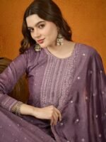 Enchanting Purple Embroidered Chinon Anarkali Gown with Dupatta