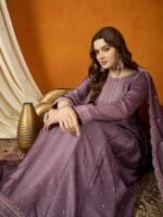 Enchanting Purple Embroidered Chinon Anarkali Gown with Dupatta