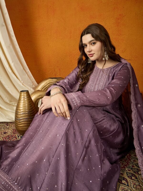 Enchanting Purple Embroidered Chinon Anarkali Gown with Dupatta