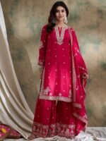Alluring Pink Embroidered Chinon Kurta Sharara Set with Dupatta