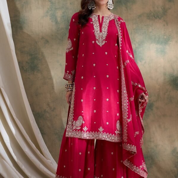 Alluring Pink Embroidered Chinon Kurta Sharara Set with Dupatta