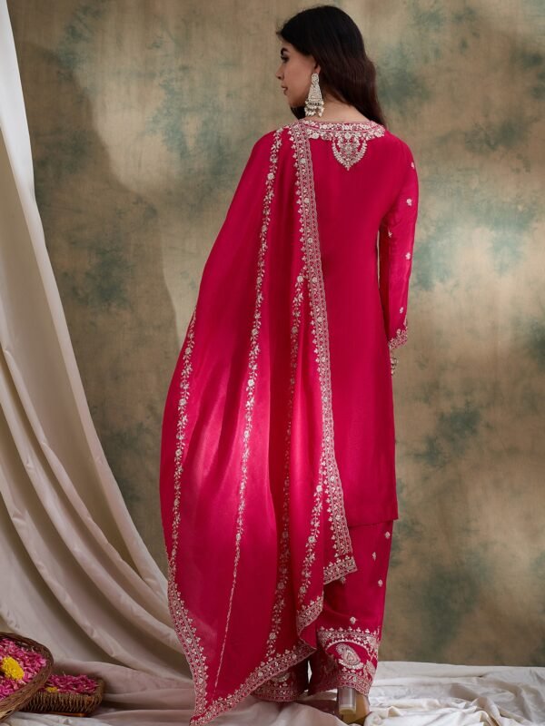 Alluring Pink Embroidered Chinon Kurta Sharara Set with Dupatta
