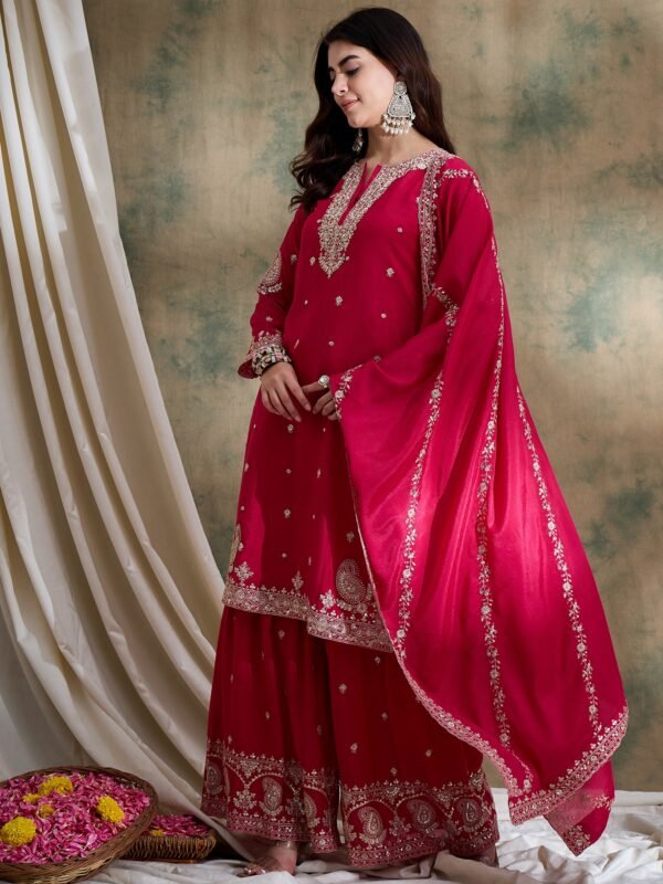 Alluring Pink Embroidered Chinon Kurta Sharara Set with Dupatta