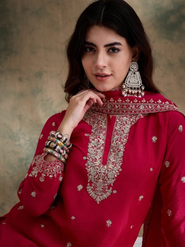 Alluring Pink Embroidered Chinon Kurta Sharara Set with Dupatta