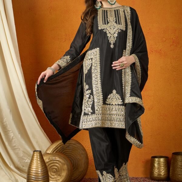 Black Chinon Embroidered Kurta Palazzo Set with Dupatta