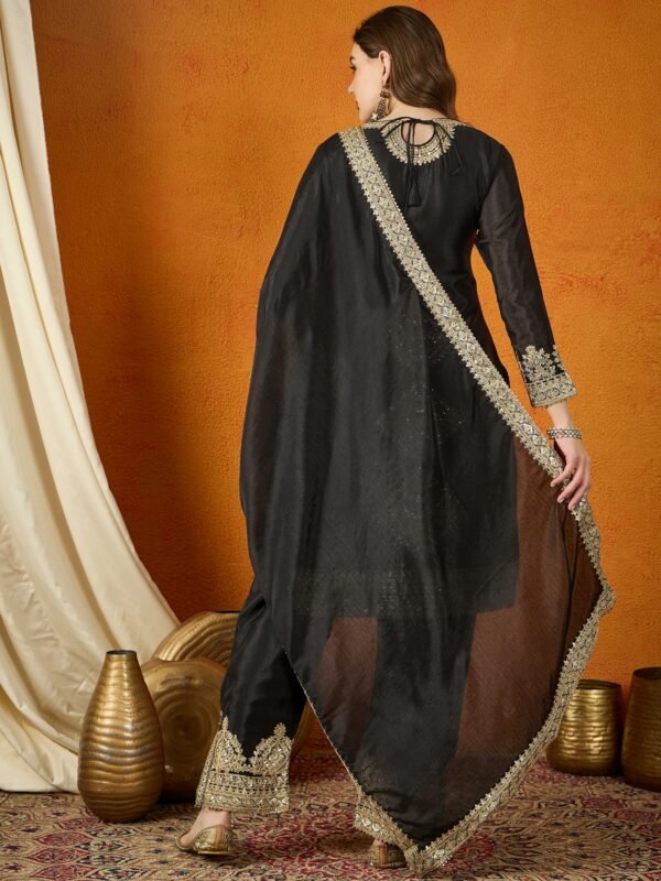 Black Chinon Embroidered Kurta Palazzo Set with Dupatta